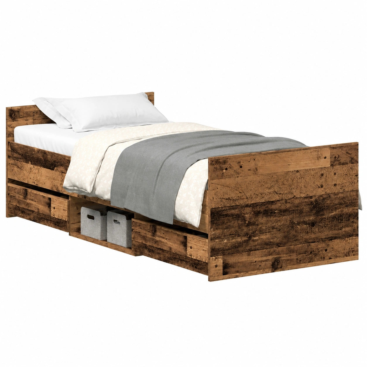 Estructura de Cama Individual de Madera Envejecida sin Colchón