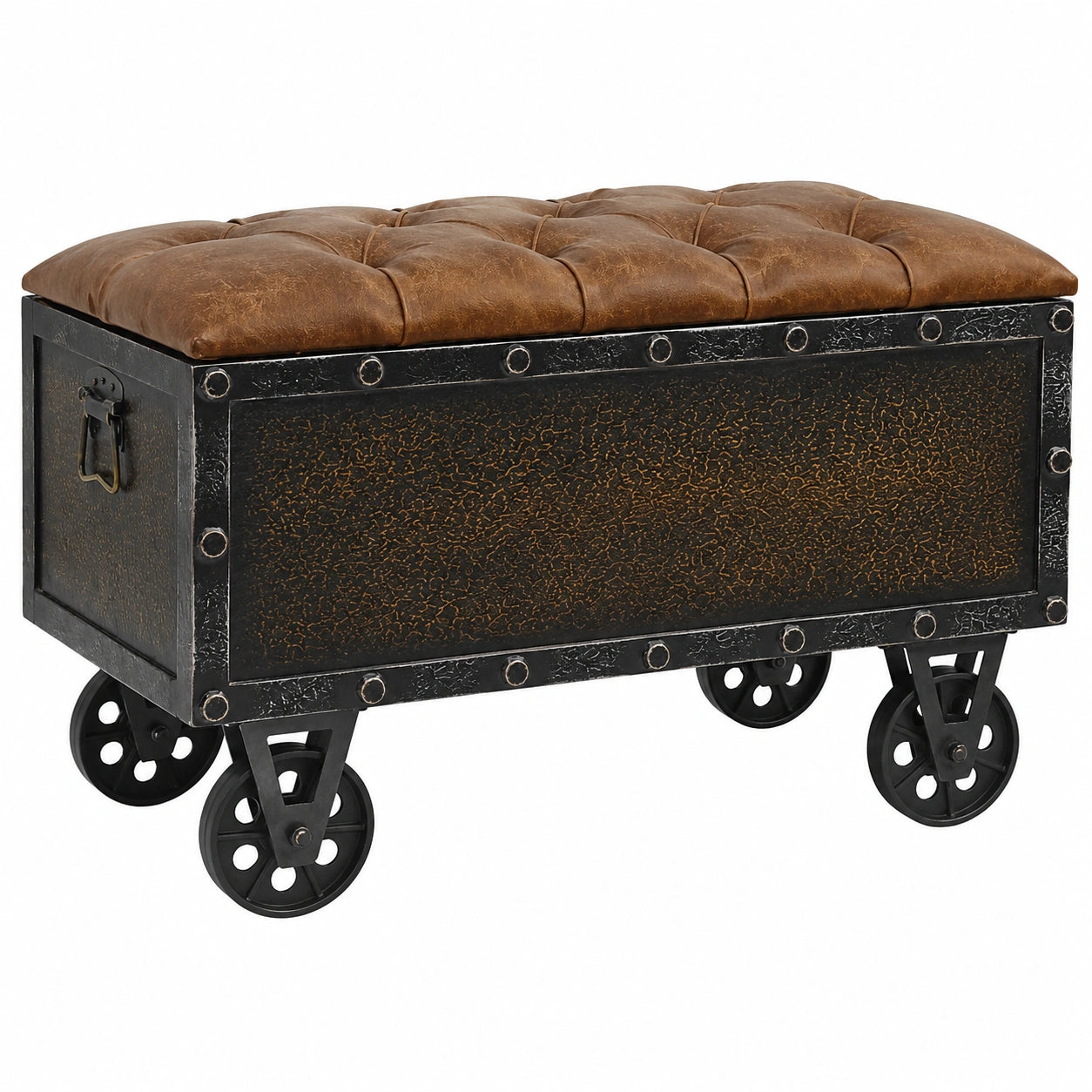 Banco Almacenaje Madera Maciza con Asiento Acolchado y Ruedas, 80,5x41x50 cm
