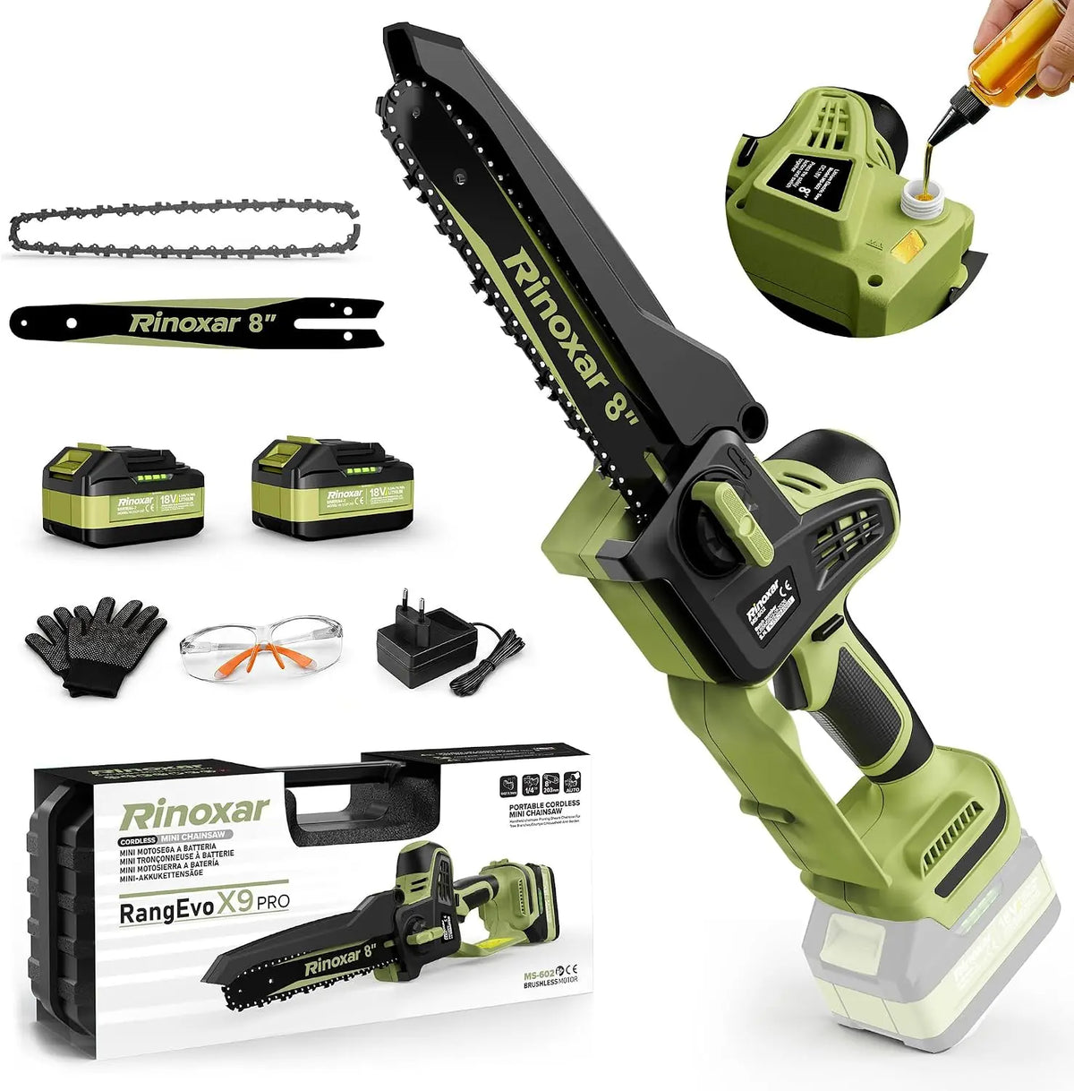 8 Pulgadas Mini Motosierra a Batería, Motor Brushless, 2 Baterías 5200mAh